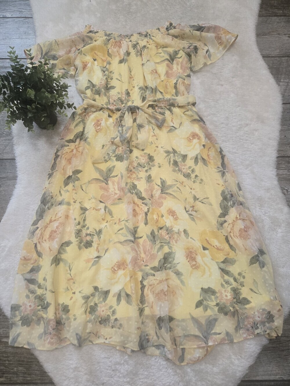 Studio One New York Yellow Floral Off-Shoulder Belted Flowy Midi-Dress, 10